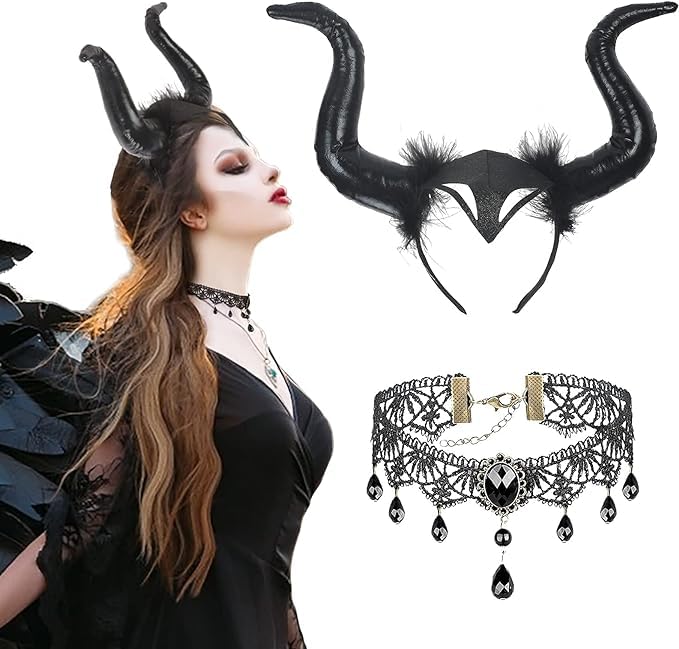 Witch Horn Headband, Evil Witch Horn Devil Demon Halloween Devil Hair Accessories with Gothic Retro Lace Necklace for Halloween Masquerade Carnival Fancy Party
