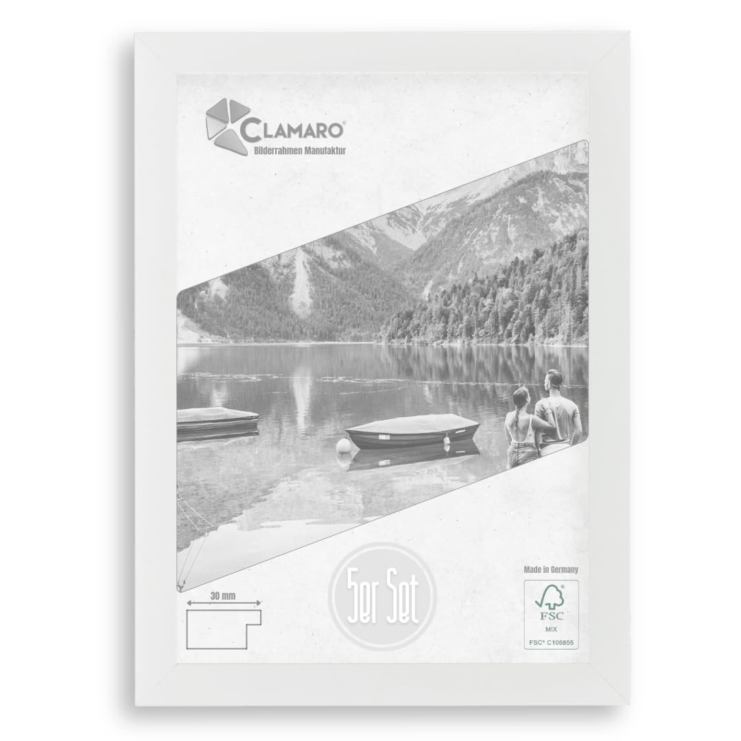 CLAMARO 'COLLAGE' Set of 5 Picture Frames 15 x 20 cm Handmade Made to Measure White Matt Modern Square MDF Wood Set of 5 Picture Frames Including Acrylic Glass, Back Panel and Hanger — image 1