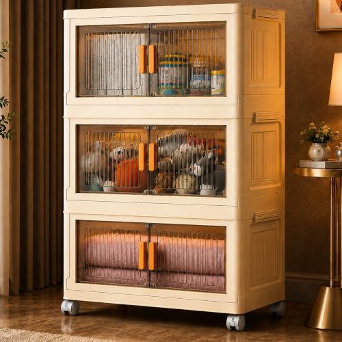 Image of BAMEOS ๐ ๐๐๐๐ Plastic Rack for Storage Cabinet with Wheels | Multipurpose Collapsible Almirah Wardrobe for Clothes, Kitchen Cupboard | Plastic Organizer with Magnetic Transparent Doors - WHITE