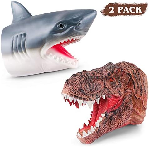 COOLOOK Tyrannosaurus Rex Duel Prehistoric Shark Hand Puppet Set Role Play Toys , Soft Rubber Realistic Shark and Dinosaur Toys , Animal Puppets Rubber Set of 2