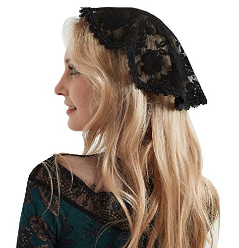 cap veil - Chapel Cap Veil Lace Headcovering for Women Church Mantilla Veil S100 (Black)