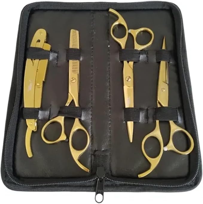 Kit Barbeiro Profissional Dourado com 3 Tesouras + Navalhete + Estojo – Tesouras de Corte e Desbaste para Cabelo e Barba