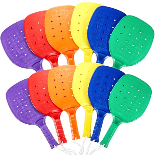 Seenelling Plastic Paddleball Racket PE Equipment for Elementary School with Lanyard Classes Equipment 15.2 x 7.5 Inches (Yellow Orange Purple Red Blue Green 12 Pcs)