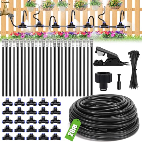 Bewässerungssystem Garten bewässerung 20M Gartenbewässerungssysteme Tropfbewässerungssystem gewächshaus, 25 Directional Brass Spray Nozzles für Outdoor-Nebelkühlsystem, Landschaft, Pflanzen