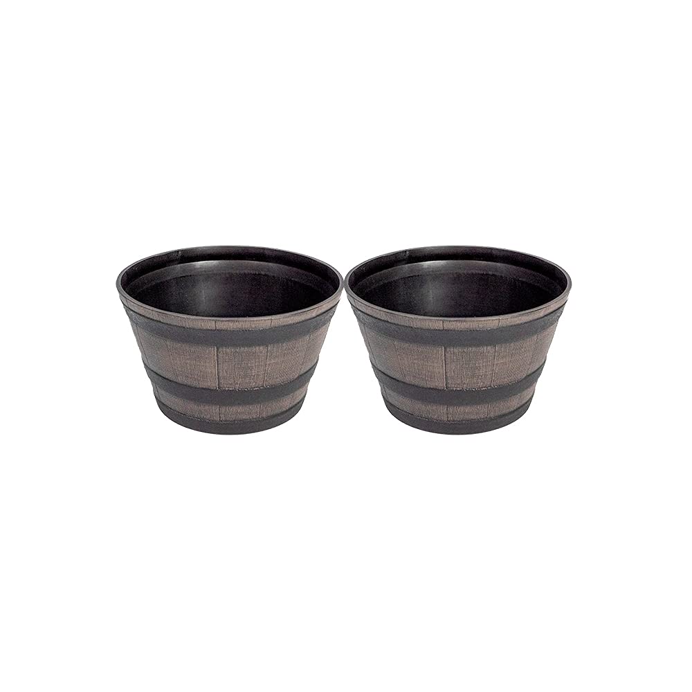 Thompson & Morgan Garden Planter Wooden Effect Barrel, Outdoor Half Whiskey Cask Flower Pot, Indoor Rustic Patio Grow Plant Container (2, Medium)