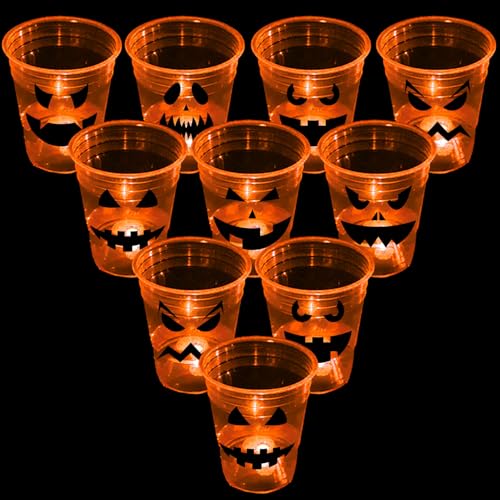 Ahuimeius 22 Pc Glow Pumpkin Party Game Set, 16 oz Light Up Pong Cups for Ghost Theme Party With 6 Halloween Balls, Orange & White