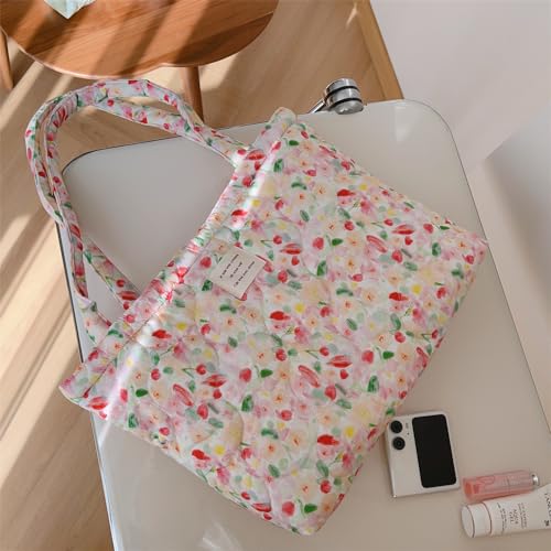 Image of Floral Quilted Cotton Shoulder Bag for Women Medium Size Handbag Large Capacity Thickened Design Tote