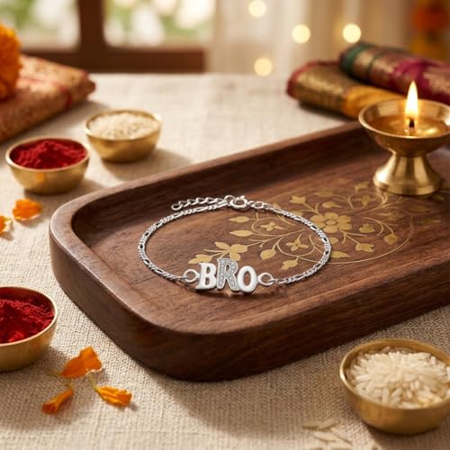 Image of Parnika 925 Pure 92.5 Sterling Silver Bro Floral Mor Pankh Flute Evil Eye Veera Shankh Rakhi Bracelet for Brother | Hallmarked Silver Raksha Bandhan Rakhi | Premium Adjustable Rakhi Gift