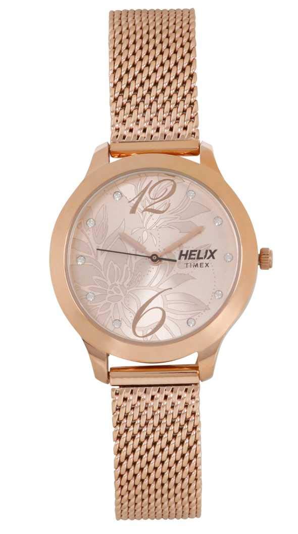 Helix by Timex Rose Gold Round Analog Watches for Women| Quartz Movement Stainless Steel Mesh Bracelet Ladies Watches| Upto 30m Water Resistance with Foldover Clasp Closure | Gift for Women TW022HL17 (B07HV58MDT) Amazon Price History, Amazon Price Tracker