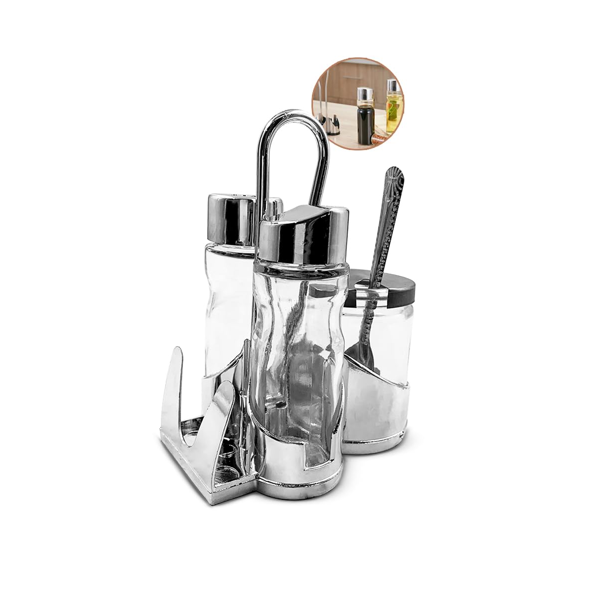 Conjunto Galheteiro em A�o Inox e Vidro, 4 Pe�as, Porta Temperos com Suporte para