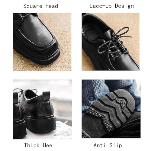 Men's Leather Chunky Platform Oxfords Classic Square Toe Comfort Lace Up Block Heel Anti-Slip Lug Sole Business Derby Shoes Casual Work Formal Dress Wedding Prom Work Shoes2