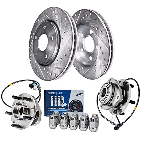 Image of Detroit Axle - Front Brake Kit for Chevrolet Blazer S10 GMC Jimmy Sonoma Isuzu Hombre Oldsmobile Bravada, Drilled & Slotted Brake Rotors Wheel Bearing & Hubs Wheel Lug Nuts Replacement