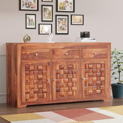 Image of Krishna Wood Decor Sheesham Wood Sideboard Cabinet with 3 Drawers & 3 Door Storage | Wooden Storage Unit for Living Room Dining Room | Solid Wood Organizer Furniture with Modern Design | Honey Finish