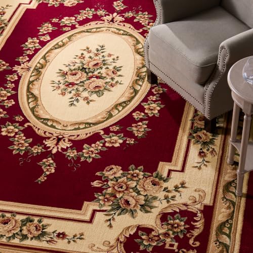 SAFAVIEH Lyndhurst Collection Area Rug - 9' x 12', Red & Ivory, Traditional European Medallion Design, Non-Shedding & Easy Care, Ideal for High Traffic Areas in Living Room, Bedroom (LNH218C)