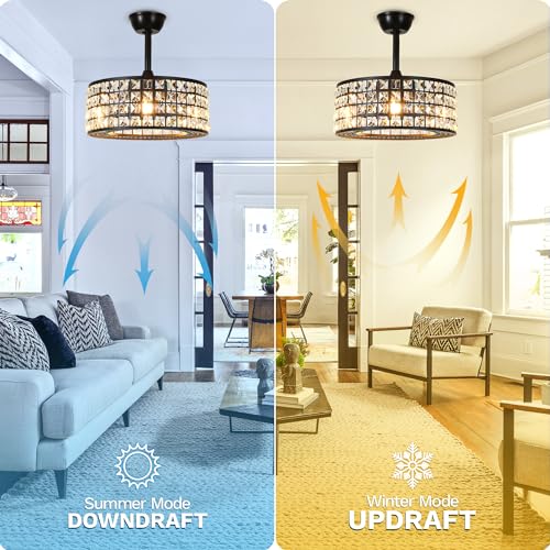 DWVO 18" Crystal Caged Ceiling Fans with Lights, Enclosed Modern Ceiling Fan with Remote Control Reversible Industrial Chandelier 3 Speeds, 3 Color Temperatures for Bedroom, Living Room, Dining Room