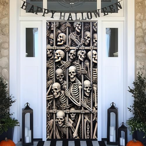 Image of Halloween Skeleton Fabric Door Cover Scary Skull Banner 35 x 71 Inch | Skeleton and Skull Design | Haunted House Door Backdrop | Halloween Party, Porch and Wall Decoration | 1 Piece