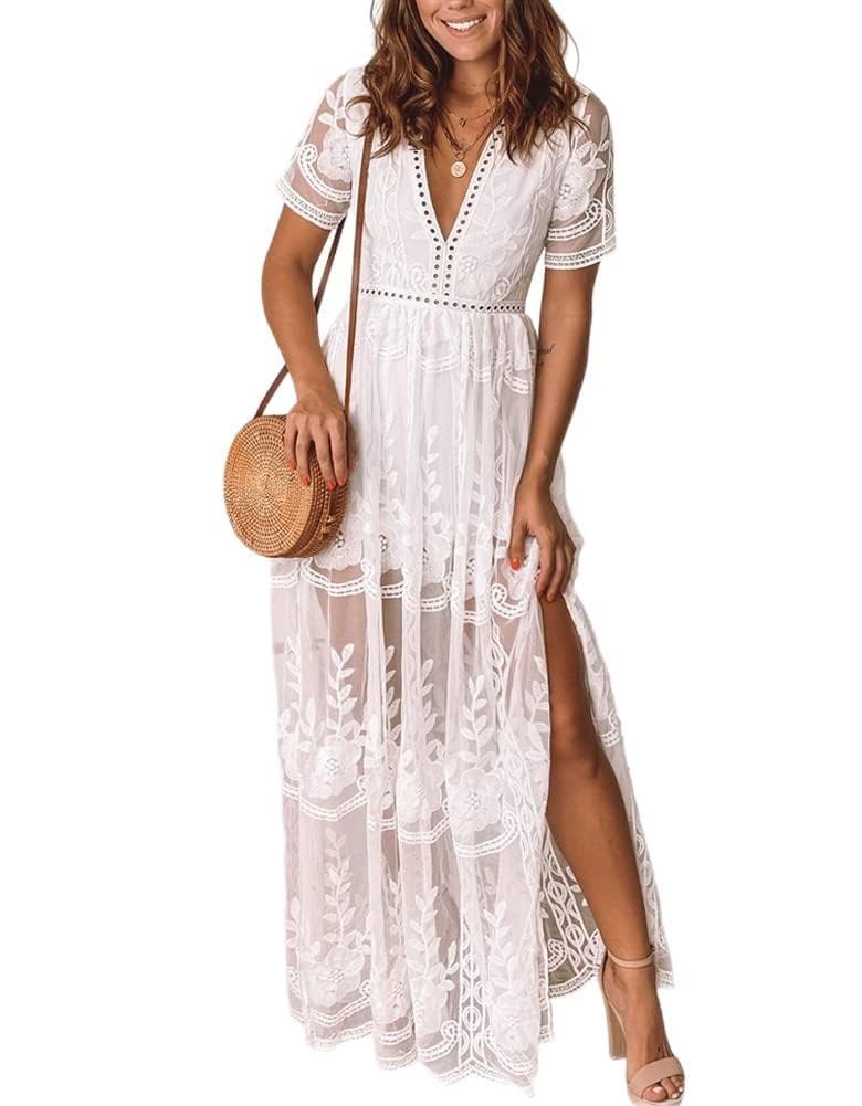 Women's Deep V-Neck Lace Romper Short Sleeve Long Dress