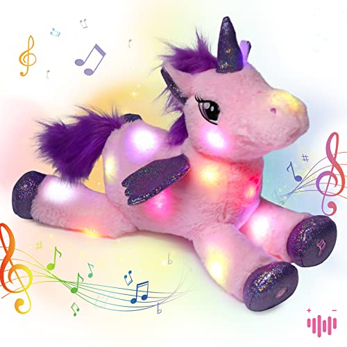 Hopear El Unicornio de Relleno Musical LED Ilumina el Canto de los Juguetes de Peluche Volumen Ajustable canción de Cuna animación calmante Regalo de cumpleaños para, Rosa, 40cm
