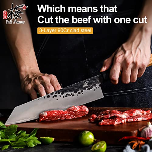 Ink Plums 9 Inch Kitchen Kiritsuke Chef Knife, High Carbon Stainless Steel With Professional Hand Forged Cooking Knife, (Olivewood Handle & Gift Box) #TOP2