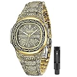 Retro Men’s Quartz Watches with Tattoo Pattern Carved Stainless Steel Bracelet Calendar Waterproof Wrist Watch (ON3808-Gold)