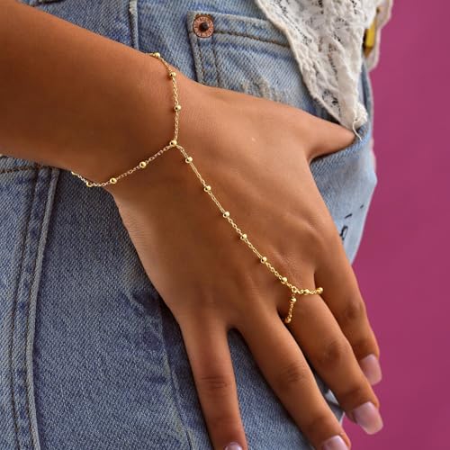 Hand Chain Bracelet for Women Trendy, Gold Beaded Ring Hand Chain Dainty 14K Gold Plated Cross Hand Chains Cubic Zirconia Finger Bracelet for Women Simple Body Jewelry2