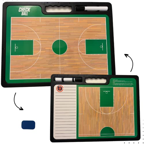 Check Ball Basketball Coaching Board | Double-Sided Premium Dry Erase Clipboard with Full & Half Court (16.5 X 12.5) & Pocket Size Eraser (Green)