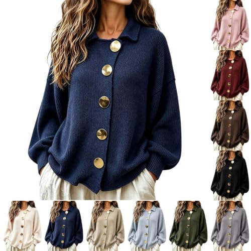 Womens Collared Knit Cardigan Sweater, Oversized Big Button Sweater Coat - image 1