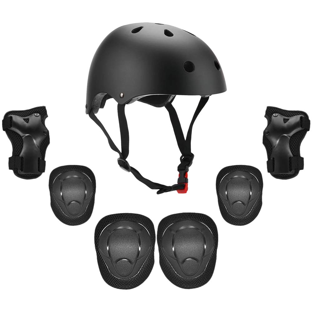 Kids Helmet And Pads Set - 7 In 1 - Adjustable Kids Knee Pads Elbow Pads Wrist Guards For Scooter Skateboard Roller Skating Cycling-Black