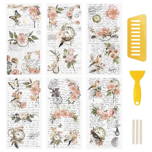 WANDIC 6 hojas de calcomanías de transferencia vintage de flores, impermeables, calcomanías para muebles, manualidades, calcomanías para álbumes de recortes