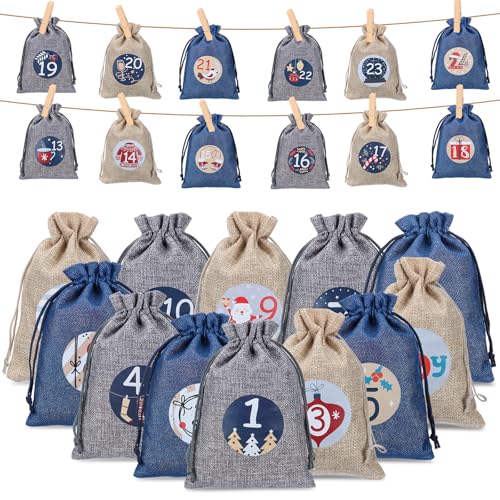 woric Adventskalender zum Befüllen, 24 Jutesäckchen mit Klammern...