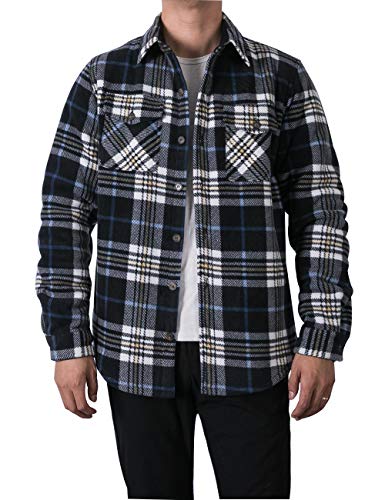 Zenthace Men's Warm Sherpa Lined Fleece Plaid Flannel Shirt Jacket(All Sherpa Fleece Lined) Navy/Beige L #TOP2