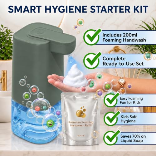 Image of Automatic Foaming Soap Dispenser with 200ml Foaming Handwash Refill Included, 350ml Touchless Soap Dispenser, Smart Infrared Sensor,IPX4 Waterproof for Kitchen & Bathroom (Green)