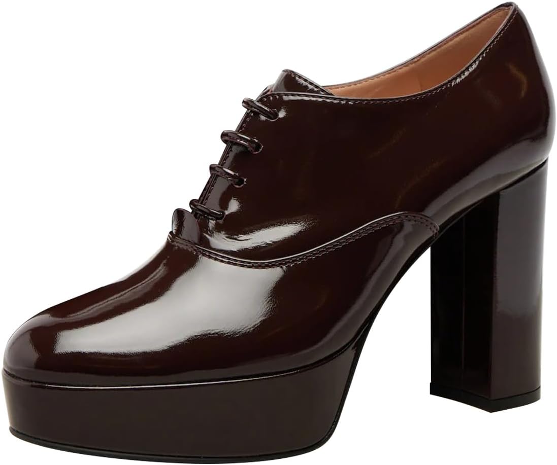 FSJ Women Closed Toe Platform Pumps Lace Up Vintage Chunky Block High Heels Casual Comfort Office Evening Oxford Shoes Size 4-16 US