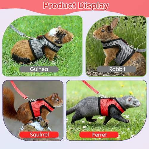 Image of Guinea Pig Harness and Leash，2packs Guinea Pig Clothes Baby Ferret Rats Hamster Soft Mesh Harness Leash for Decoration，Hamster Harness can be Adjusted to Any Size. (Red + Grey)