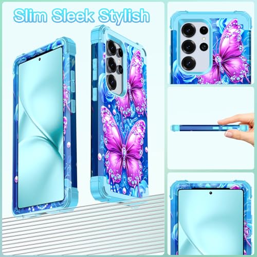 LONTECT for Galaxy S24 Ultra 5G Case Shockproof 3 in 1 Heavy Duty Rugged Hybrid Sturdy High Impact Drop Protective Cover Flower Case for Samsung Galaxy S24 Ultra 5G 2024,Sky Blue - image 7