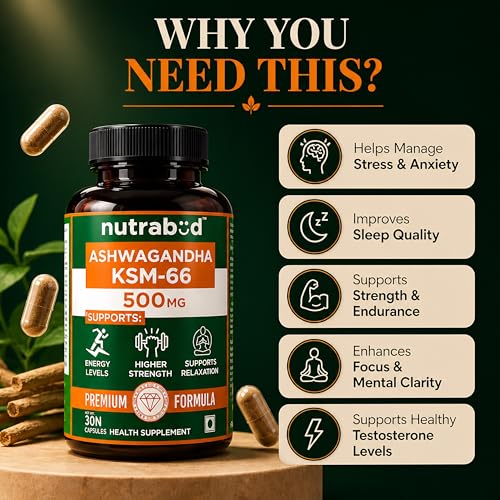 Image of Nutrabud Ashwagandha KSM66 500mg - 30 Capsules - KSM 66 Ashwagandha Tablets for Men & Women - 5% Withanolides for Stress Relief, Energy & Recovery Support (30 Count (Pack of 1), Unflavoured)