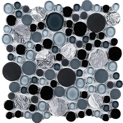 Tenedos Midnight Bardiglio Gey Black Bubble Random Round Marble and Glass Mosaic Wall Tile for Kitchen Backsplash, Bathroom Shower, Accent Decor (1 Sheet)