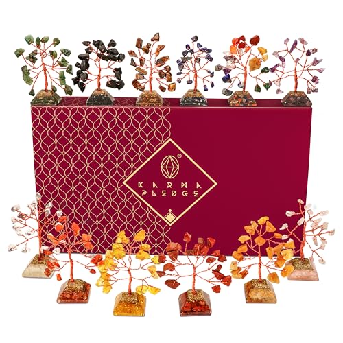 Set of 12 Crystal Tree of Life Gifts for Women, Seven Chakra Healing Crystals Brings Positive Energy, Good Luck, Money, Feng Shui Home & Office Desk Decor, for Dad