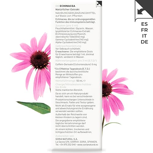 Echinacea Tropfen Hochdosiert 180mg/ml 50ml - Immunsystem Stärken Erwachsene & Kinder - Unterstützt Abwehrkräfte Natürlich - Echinacea Tabletten Alternative immun komplex - Soria Natural
