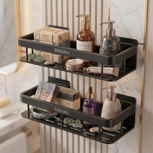 Image of Aluminium Pack of 2, Self Adhesive Bathroom Shelf for Shower Caddy Organizer Wall Mounted Bathroom Shelves Rack Holder Stand for Bathroom Accessories Organiser Without Drill