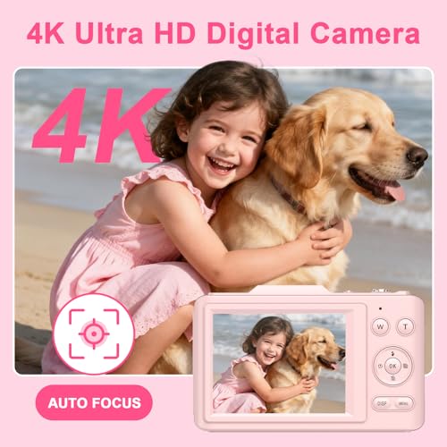 Image of Digital Camera, Autofocus 4K Point and Shoot Digital Cameras with 16X Zoom Anti Shake, 48 MP Cameras for Photography with 32GB Card, Compact Portable Small Camera for Kids Girls Boys Beginners, Pink