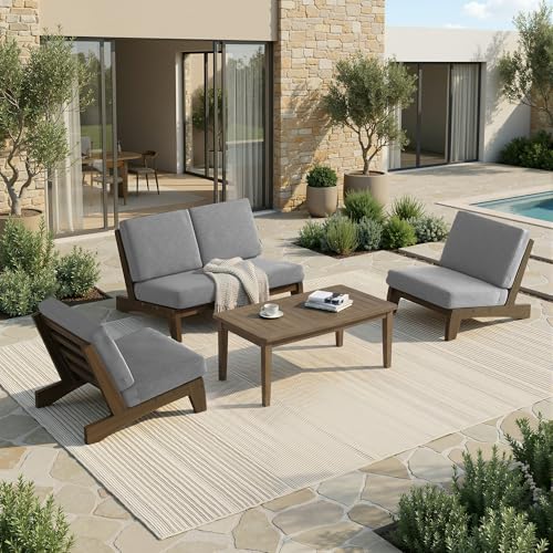 Image of Pia Ricoo 4 Piece Patio Furniture Sets, Outdoor Loveseat Sofa Set with 2 Chairs & Coffee Table, Patio Conversation Set for Backyard, Deck, Lawn, Gray