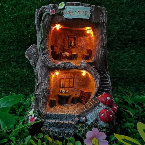 MARYTUMM Solar Light Fairy Tree House - Fun Natural Figurine Sculpture with Solar LED Lights for Indoor Outdoor Art Decorations, Patio Yard Lawn Ornaments Gift