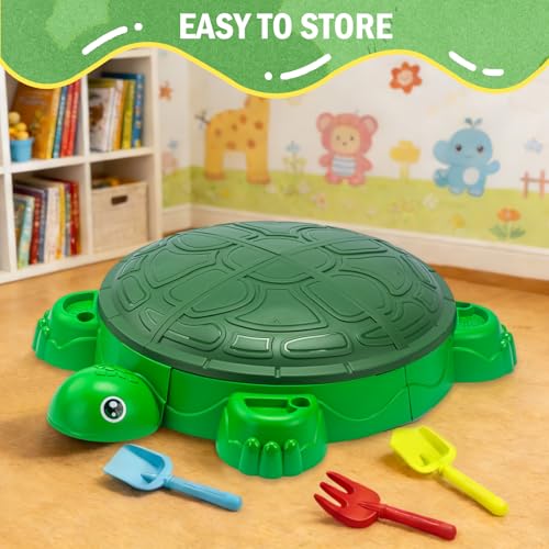 Image of Turtle Sandbox with Lid & Beach Toys Set, 38 inch Kids Sandbox for Toddlers 3-8, Indoor Outdoor Sensory Play Sand Box with Cover, Summer Gift for Ages 3-8
