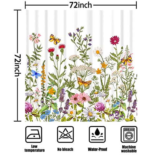 Spring Floral Shower Curtain, Green Leaves And Colorful Daisy Wildflower Shower Curtain, Botanical Butterfly Shower Curtains For Bathroom, Waterproof Shower Curtain Set 12 Hooks Included -72X72 Inch #TOP3