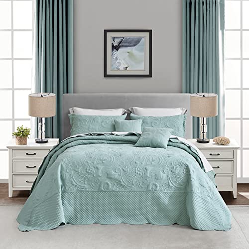 Image of Oversized King Bedspread, Stitched Paisley Quilt Set King /Cal King, Lightweight Reversible Coverlet, Scalloped Edge - Soft Serene Classic Look, 5 Piece, Seaglass