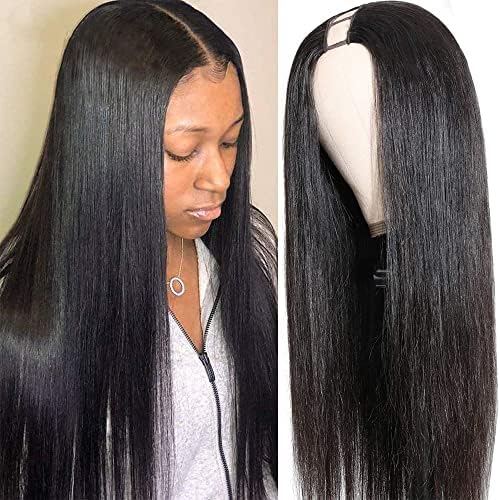 Sooolavely 18 Inch U Part Human Hair Wigs for Black Women Straight Beginner Friendly Unprocessed Brazilian Virgin Human Hair Wig Glueless Hair 150% Density Natural Color