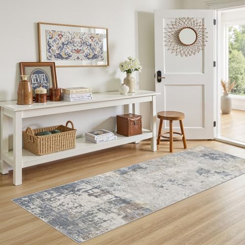 2X6 Washable Runner Rug for Hallway: Soft Neutral Modern Abstract Area Rug - Non-Slip Low Pile Long Throw Indoor Carpet for Kitchen Entryway Kitchen Bedroom Laundry Bathroom- Blue Grey