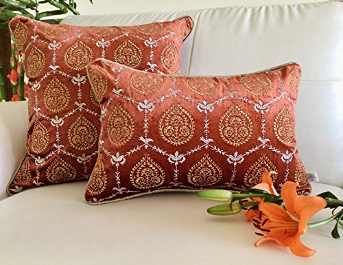 Image of TARA- Sparkling Homes 12 x 18 Inches Embroidered Velvet Cushion Covers, 'Padmini' from 'The Royal Collection', Set of 1 (Burnt Orange, 12 x 18 Inches)