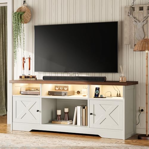 Coleshome Mueble TV Salon, Mesa TV con Enchufe y USB y LED, Muebles de Salon con 4 Compartimentos Abiertos y 2 Armarios, Apto para Salón y Dormitorio, 150 x 35 x 65 cm, Blanco y Nogal